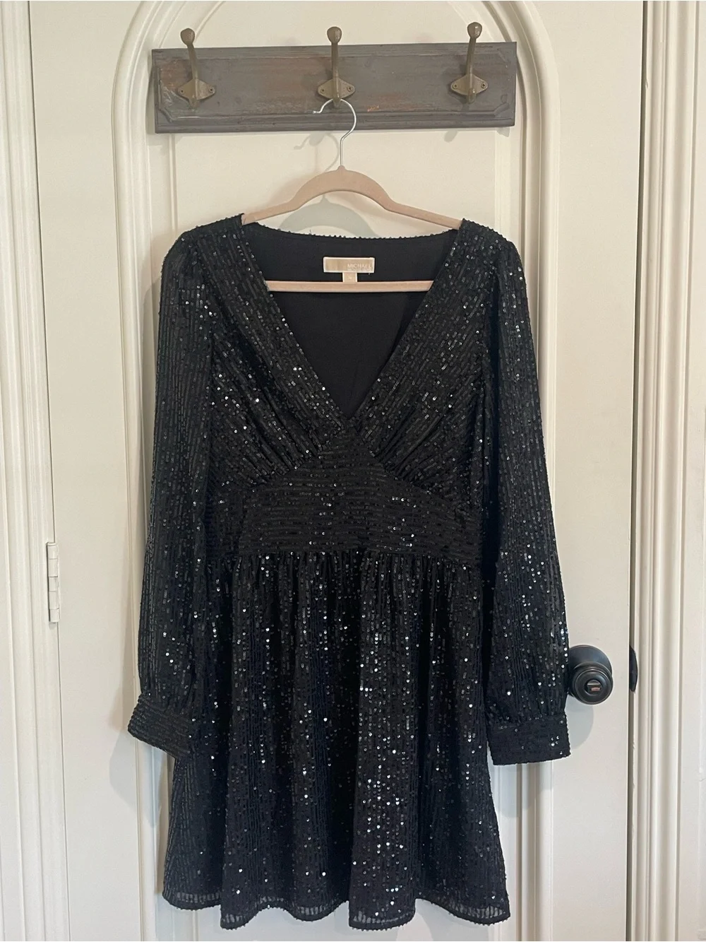 Michael Kors Black Long-Sleeve Sequined V-Neck Dress